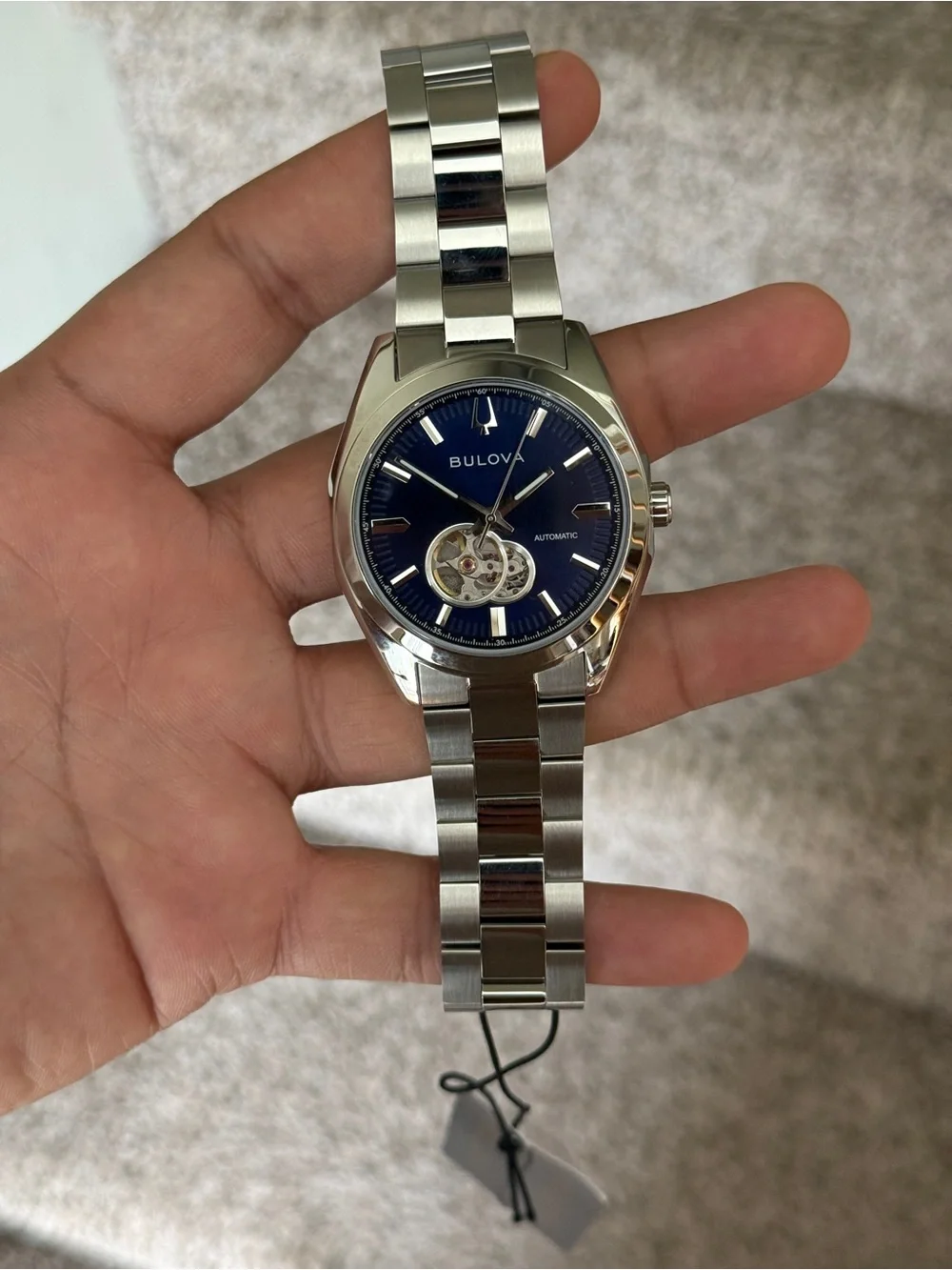 Bulova Silver Stainless Steel automatic men’s Watch with Blue Open-Heart Dial